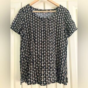 J. Jill Black Top with White and Light Blue Medallion Print